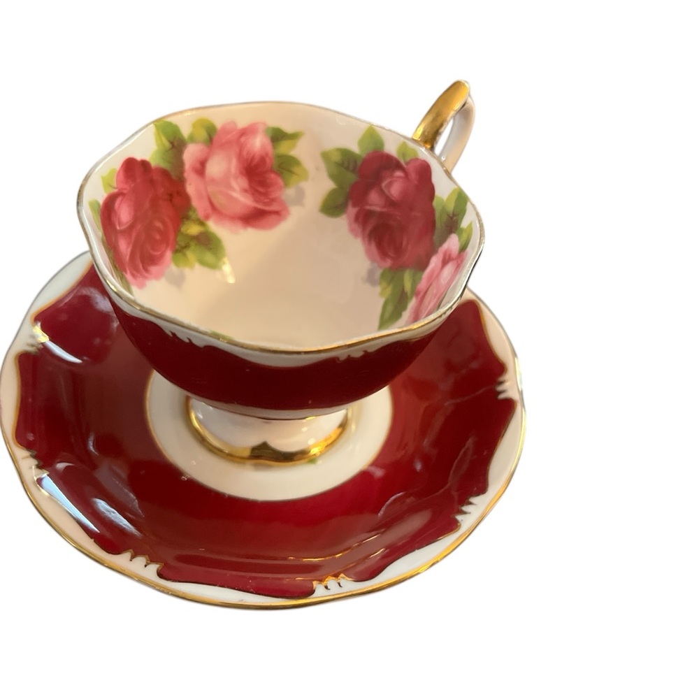 Elegant Burgundy and Gold Floral Teacup and Saucer Royal Albert bone China set